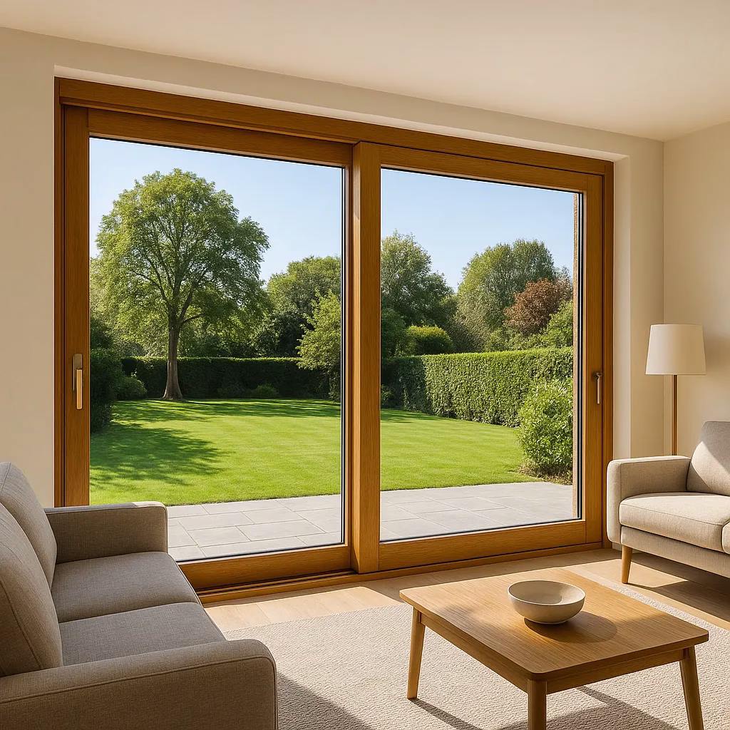 Châssis coulissant bois avec vue jardin, intérieur cosy.