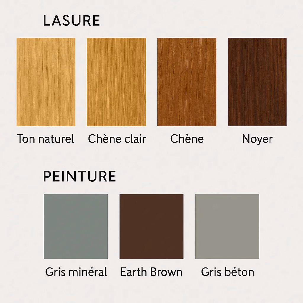 Nuancier coulissant bois : lasures (ton naturel, chêne, noyer) et peintures (gris minéral, earth brown, gris béton).