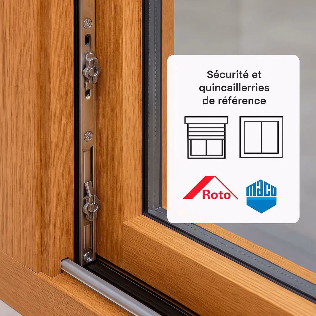 Quincailleries de sécurité pour coulissant bois, exemples Roto et Maco.