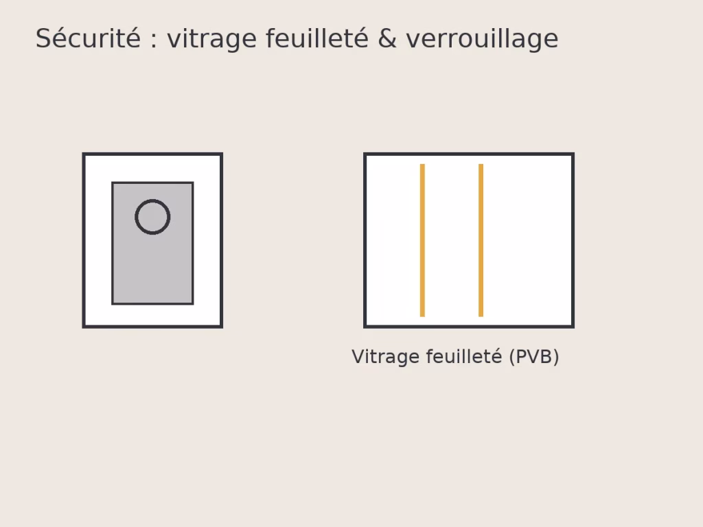 Gros plan verrouillage multipoint et représentation du vitrage feuilleté.