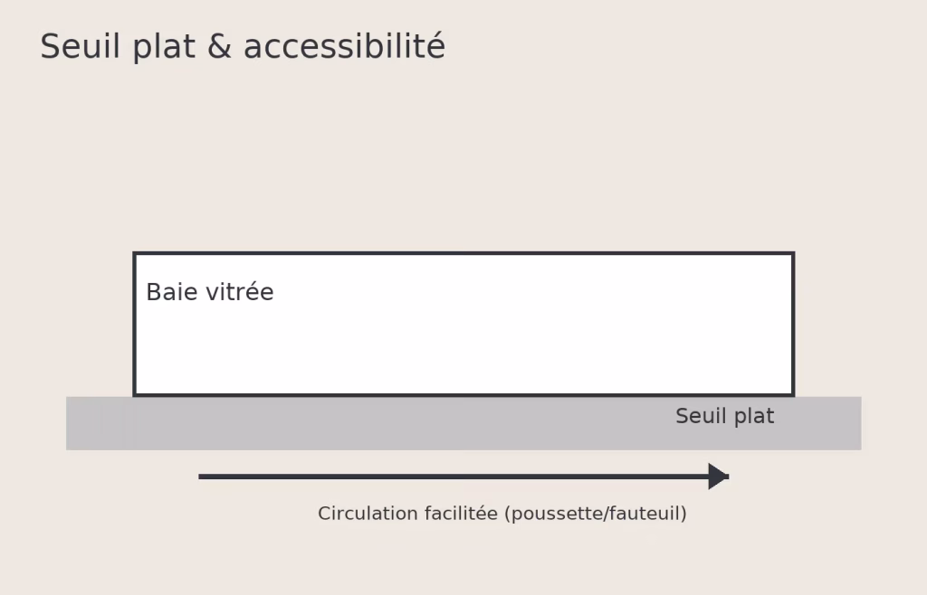 de seuil plat montrant la continuité intérieur-extérieur et l’accessibilité.
