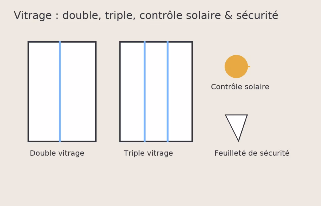 Schéma double vs triple vitrage avec options contrôle solaire et feuilleté de sécurité.
