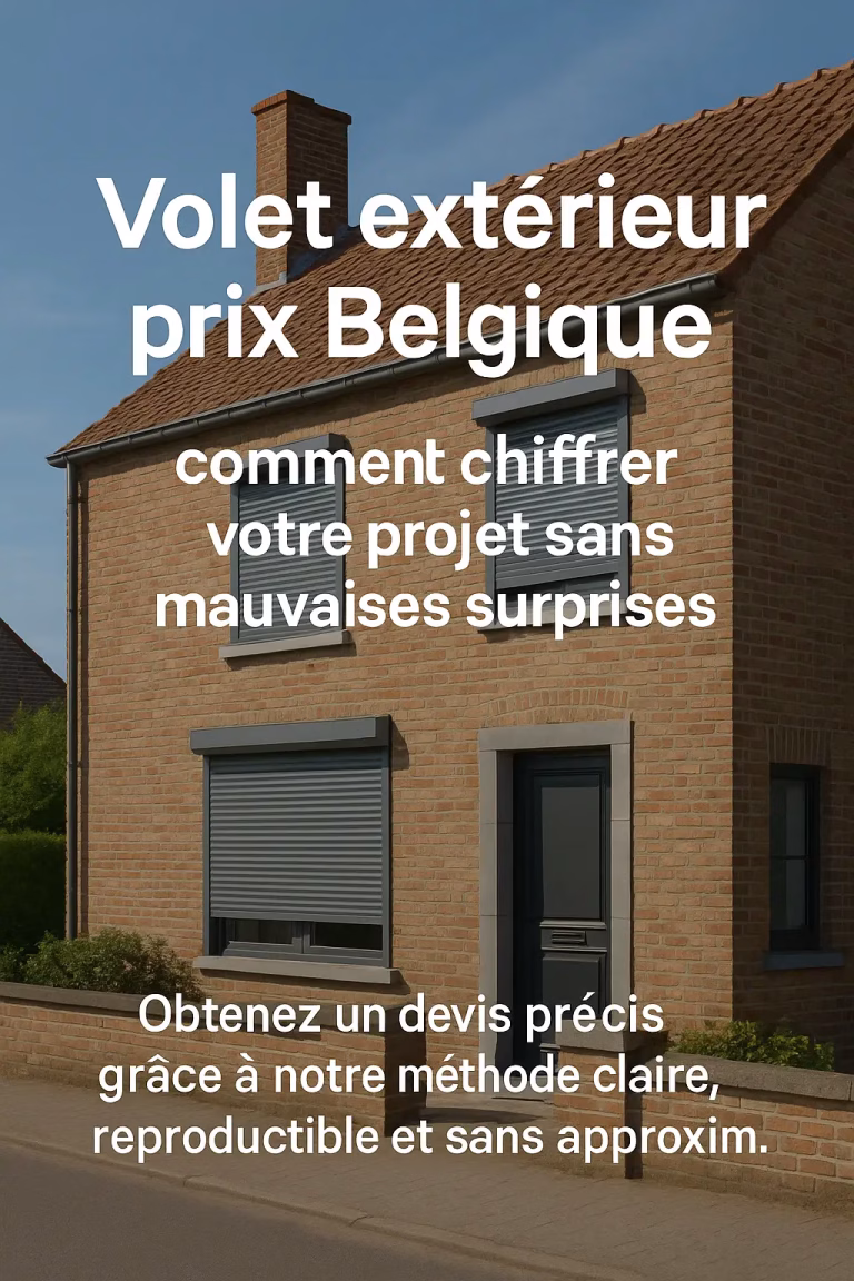Maison belge en briques avec volets roulants fermés, titre “Volet extérieur prix Belgique”.