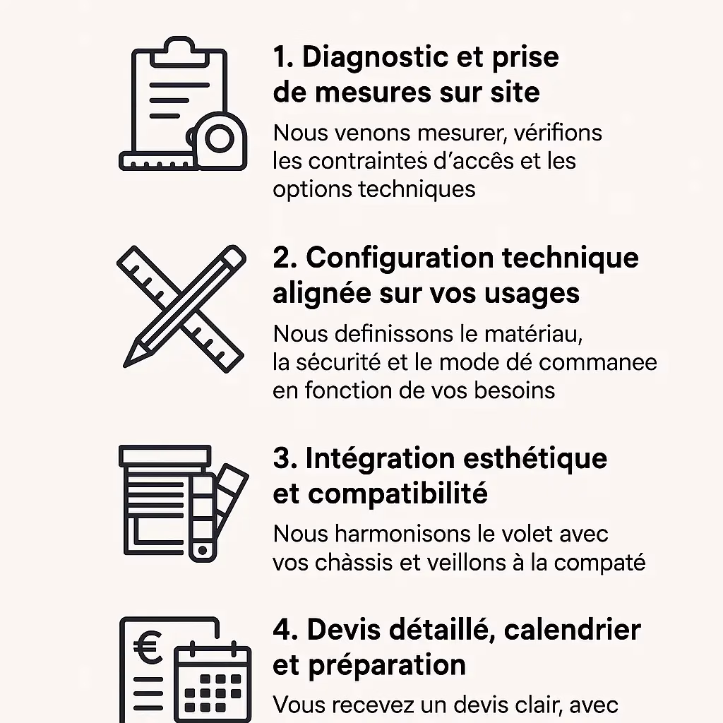 Infographie résumant les 4 étapes pour obtenir un prix de volet extérieur en Belgique.