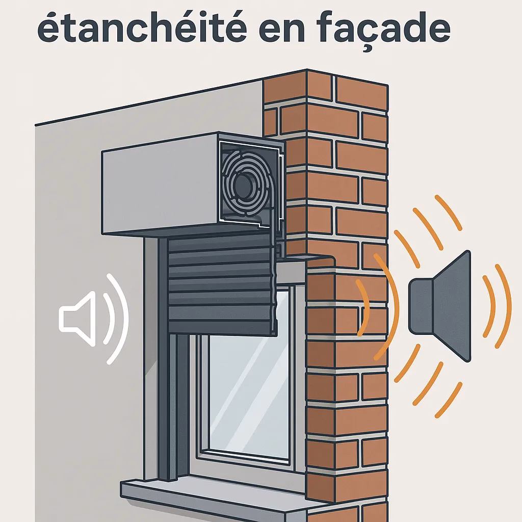 Coupe technique d’un volet roulant montrant coffre, coulisses et étanchéité en façade.