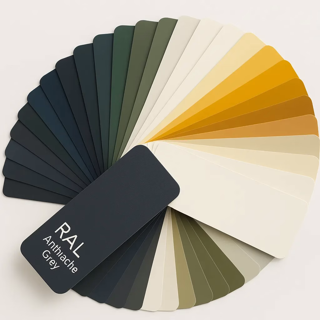 Nuancier RAL présentant des gris, blancs et teintes minérales pour volets aluminium.