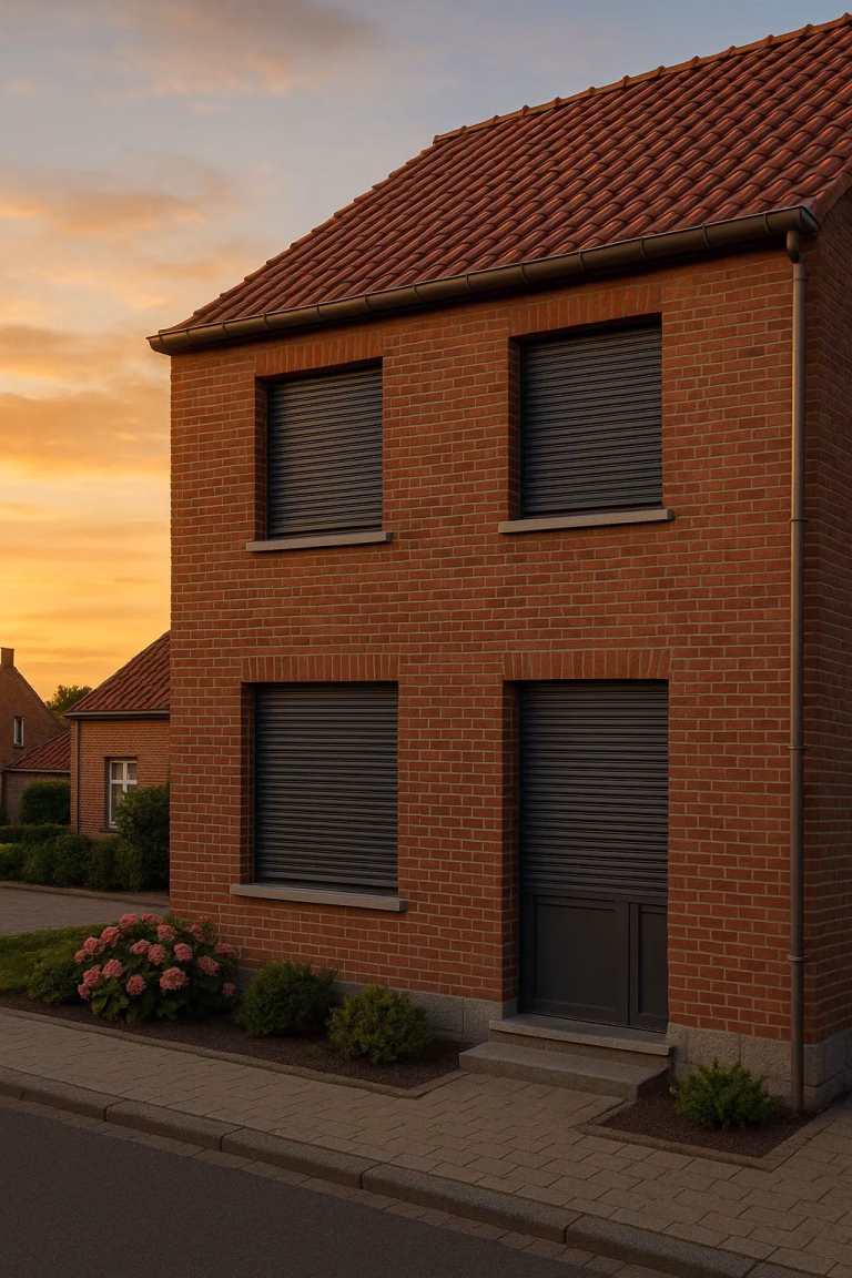 Maison en briques à Overijse avec volets roulants aluminium anthracite fermés au coucher du soleil.
